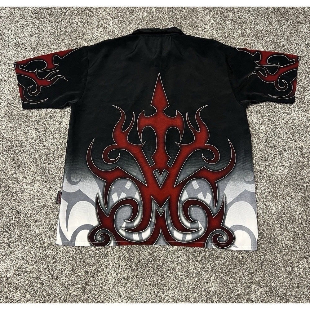 Sapphire Lounge Men's L Black Tribal Flame Button Up Y2K Clubwear Short Sleeve